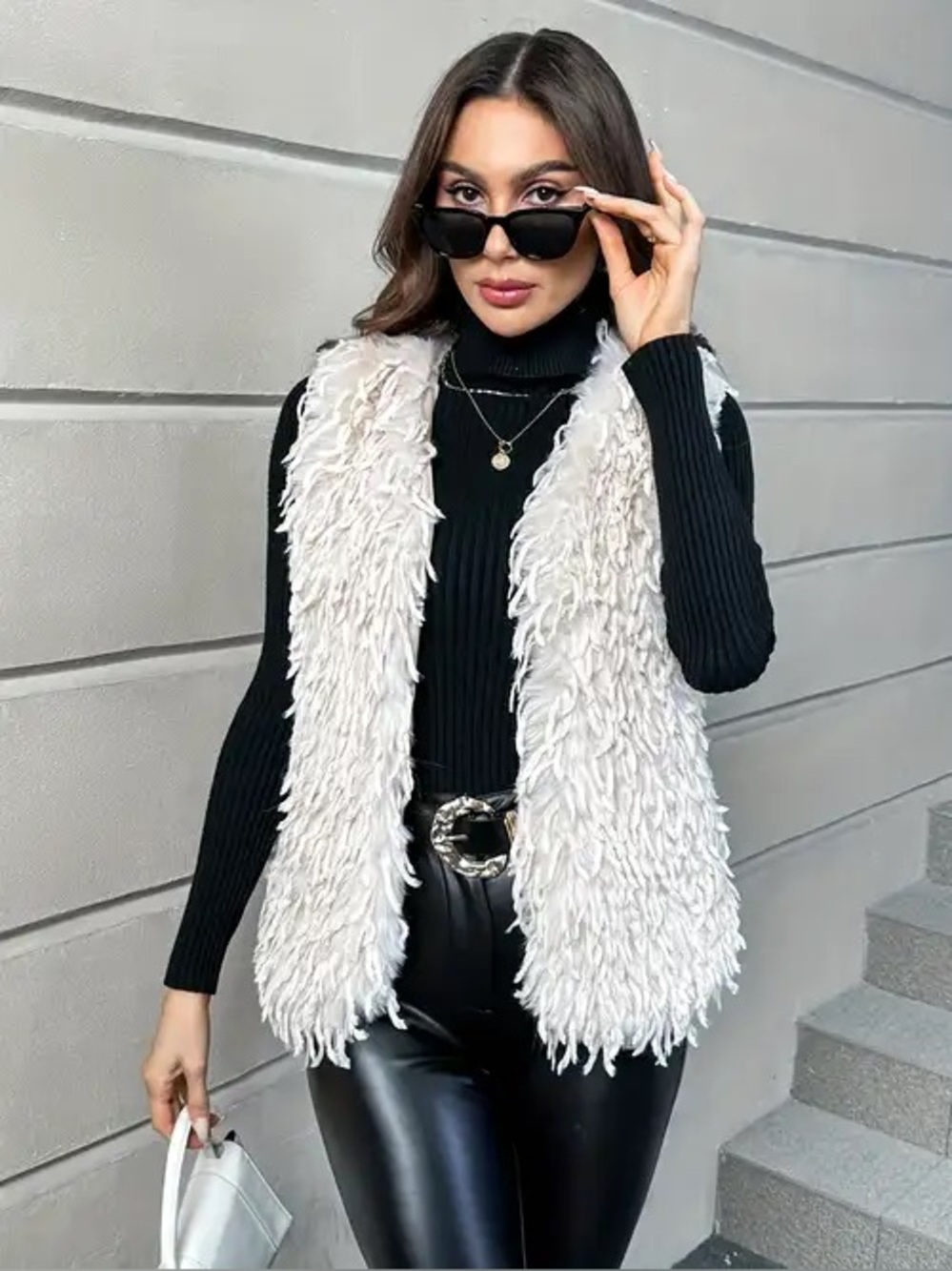 Mystree Faux Shag Ivory Vest - Cozy Layering Piece - L